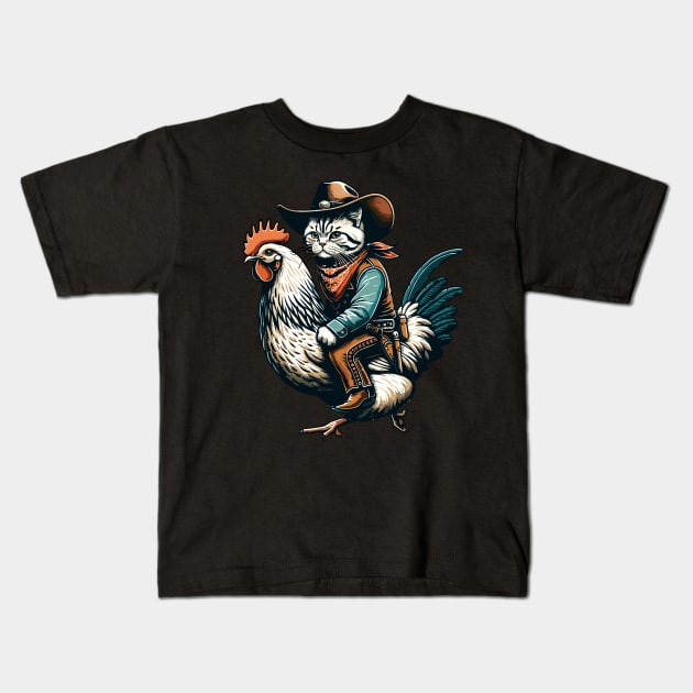 Meowdy Cat Riding Chicken Kids T-Shirt by VisionDesigner